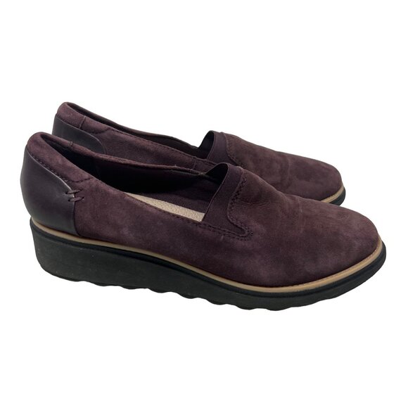 Clarks Collection Loafers Size 7.5 Sharon Dolly Slip On  Aubergine Brown Suede - Picture 1 of 8